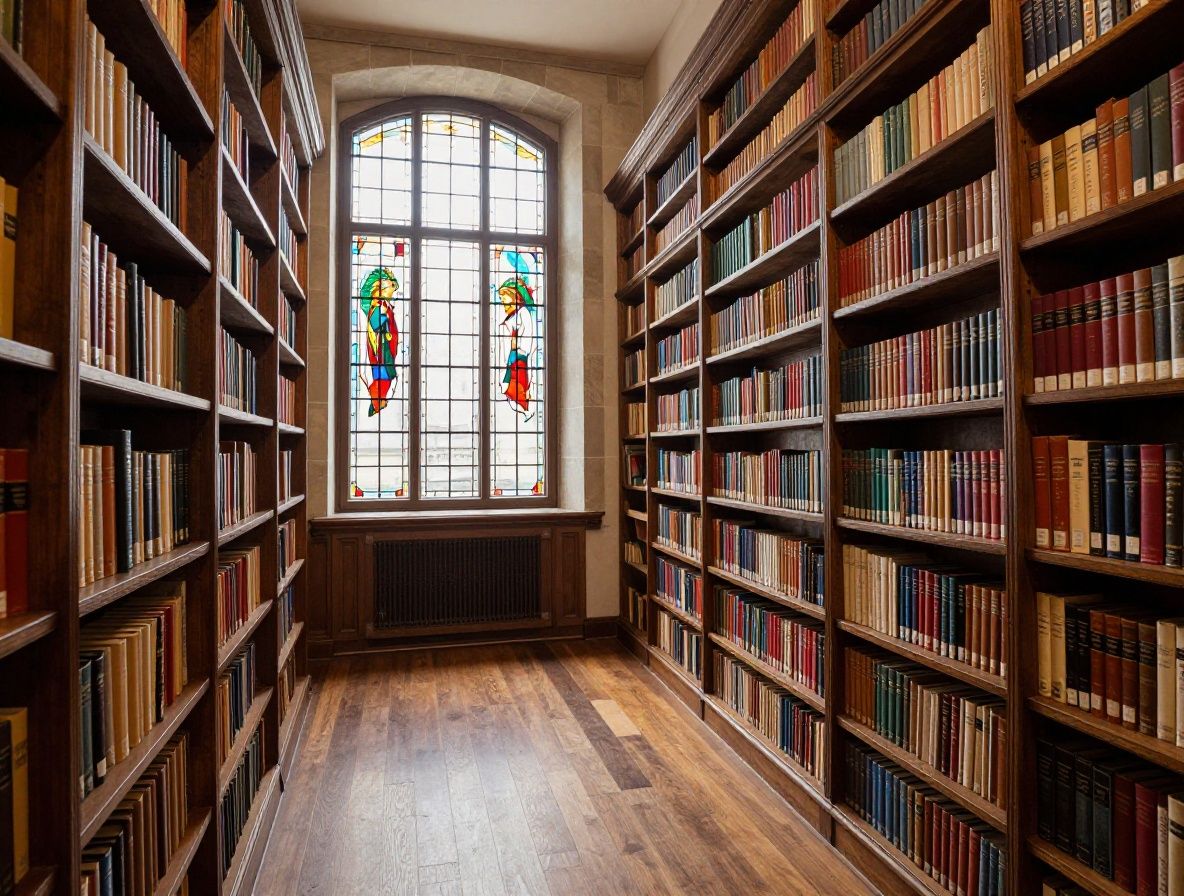 Interior de biblioteca histórica con bóvedas de piedra, estanterías de madera oscura repletas de libros y luz natural entrando por ventanas altas con vidrieras