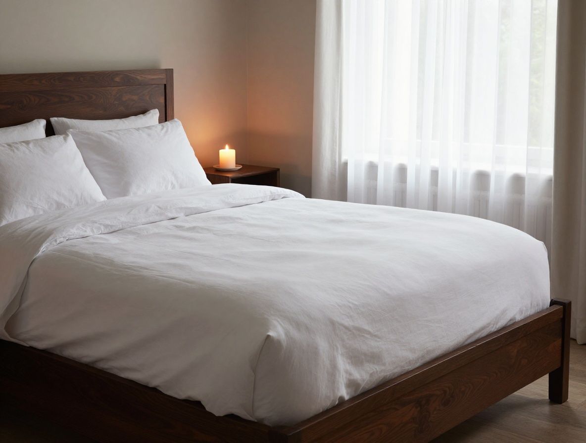 Dormitorio sereno con cama de lino blanco, vela encendida en mesita de madera oscura y luz de luna suave entrando por una ventana con cortinas translúcidas