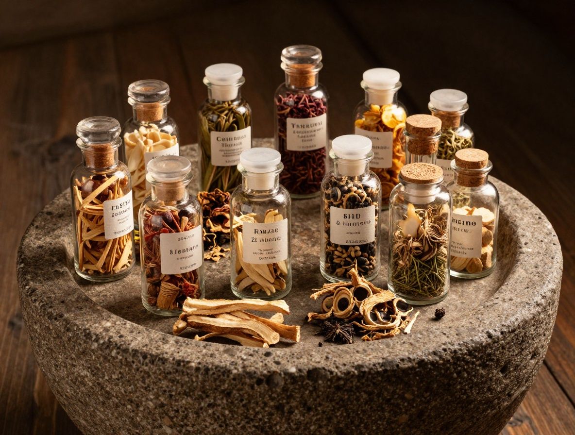 Colección de frascos de cristal con hierbas secas, semillas y raíces sobre una superficie de madera envejecida con mortero de piedra y luz lateral cálida de tarde