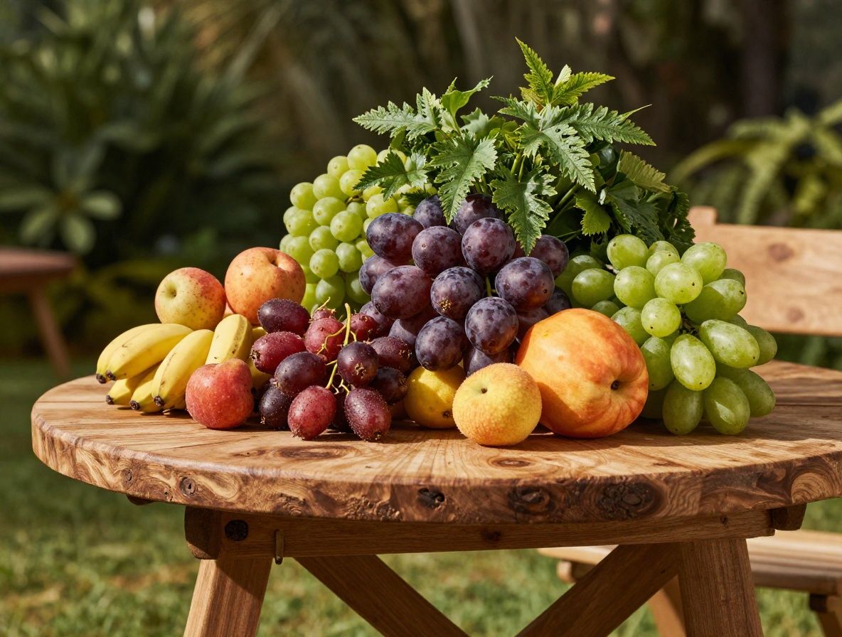 Cuenco de madera con frutas frescas tropicales y bayas silvestres sobre una mesa de madera rústica con fondo de vegetación borrosa y luz cálida natural