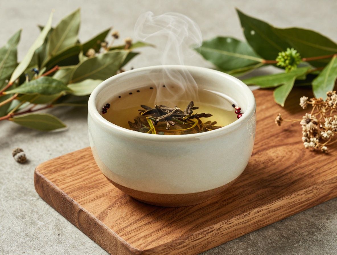 Taza de cerámica artesanal con infusión de hierbas aromáticas humeante sobre una bandeja de madera con flores secas y hojas de laurel a su alrededor