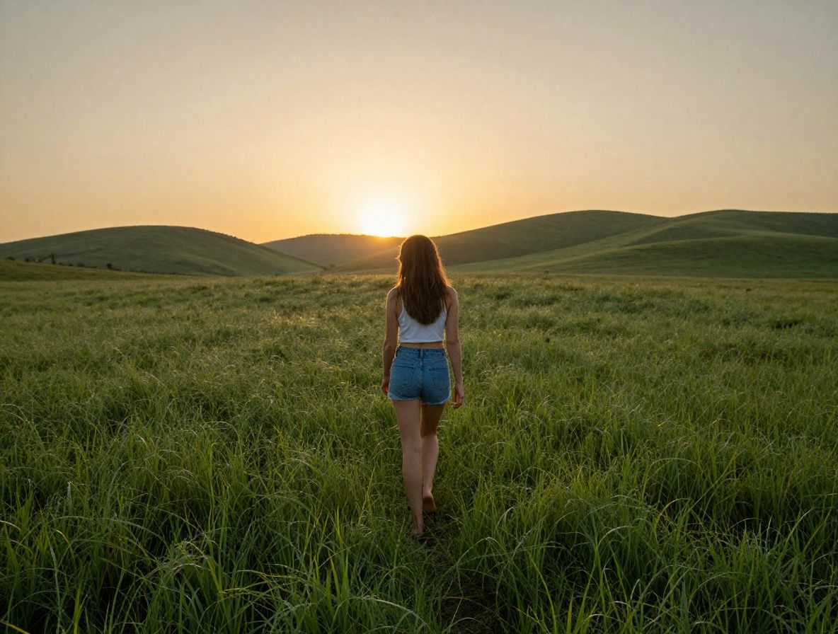 Mujer caminando descalza por pradera verde al amanecer con rocío en la hierba y colinas suaves al fondo iluminadas por luz dorada