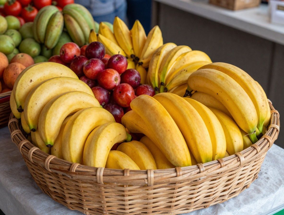 Surtido de superalimentos y frutas frescas de colores vibrantes en cestas de mimbre sobre mesa de mercado con iluminación natural