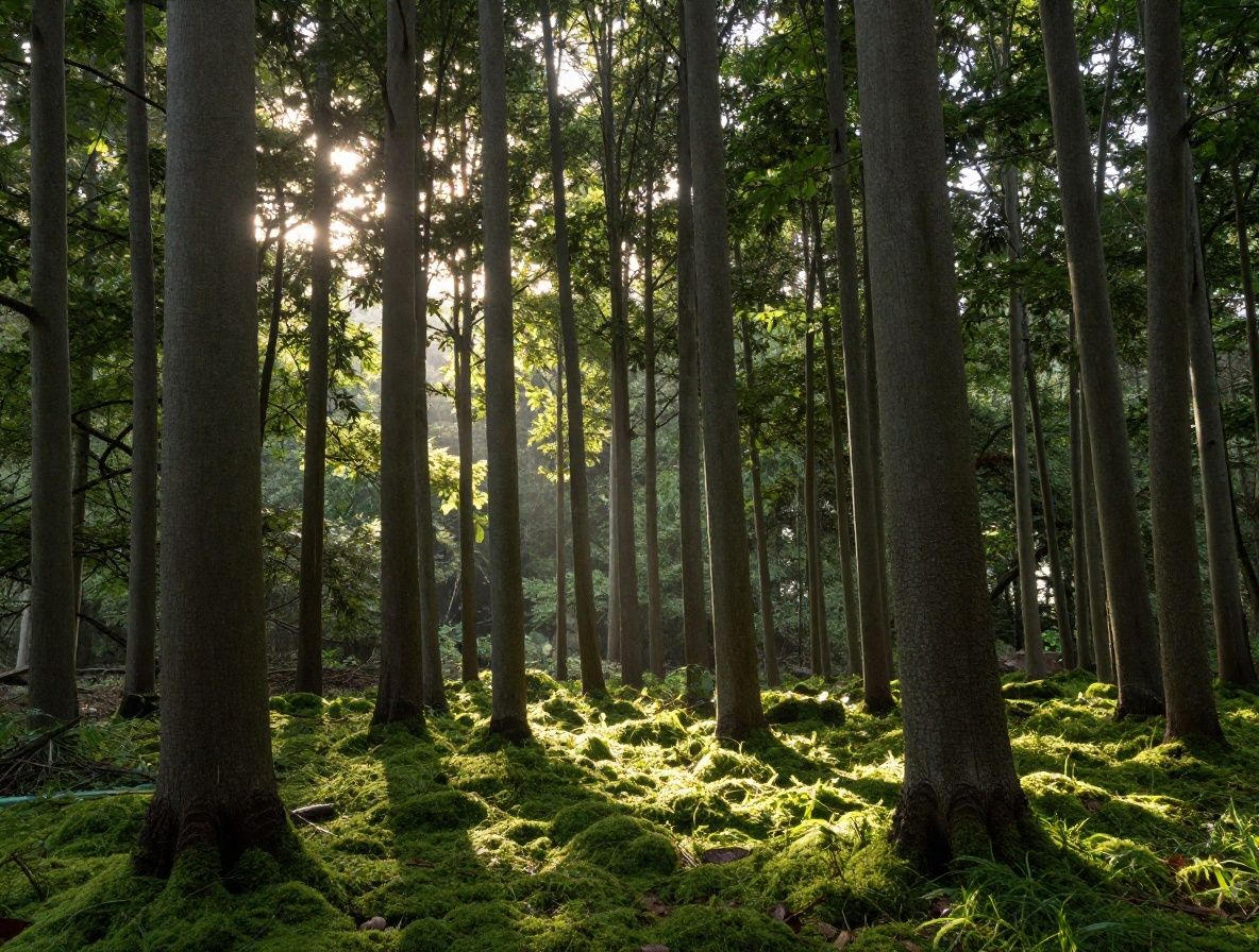Sendero de bosque al amanecer con rayos de luz solar filtrándose entre abedules altos y suelo cubierto de musgo verde húmedo