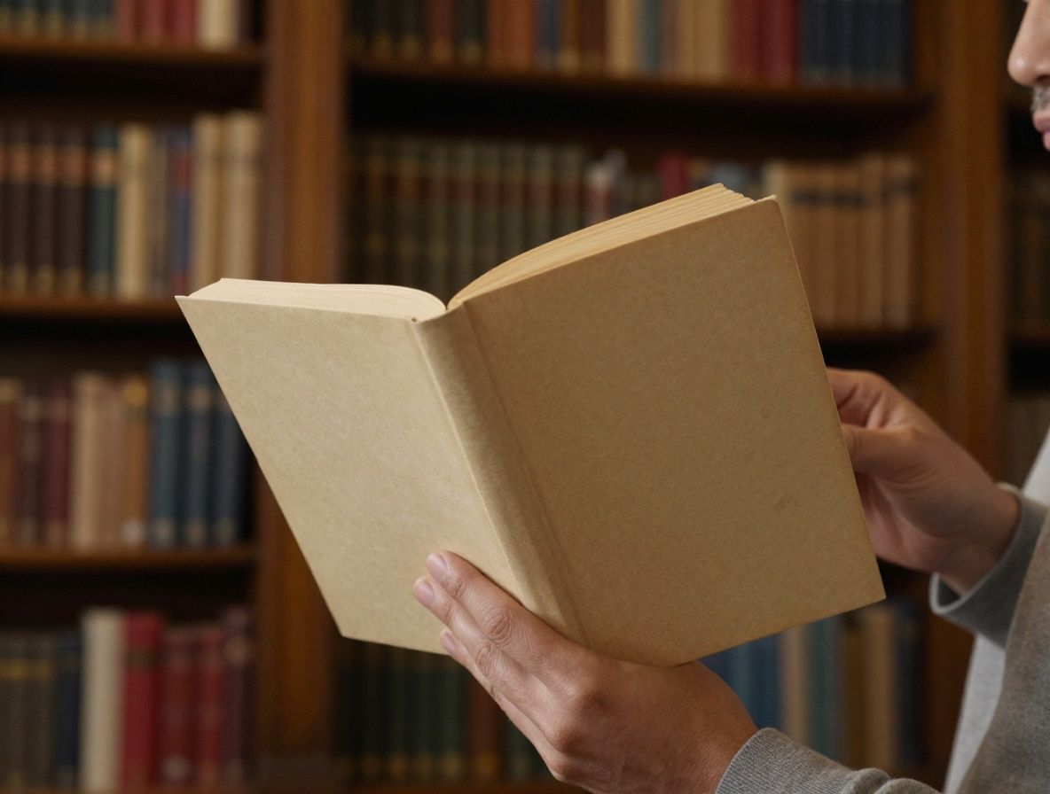 Manos sosteniendo un libro abierto de páginas amarillentas en una biblioteca antigua con estanterías de madera oscura al fondo y luz de lectura cálida